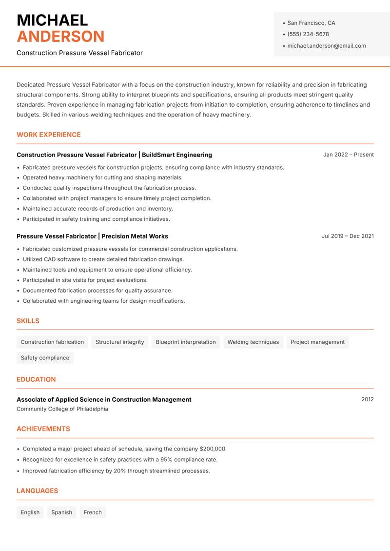 Pressure Vessel Fabricator resume sample — Construction Pressure Vessel Fabricator focus