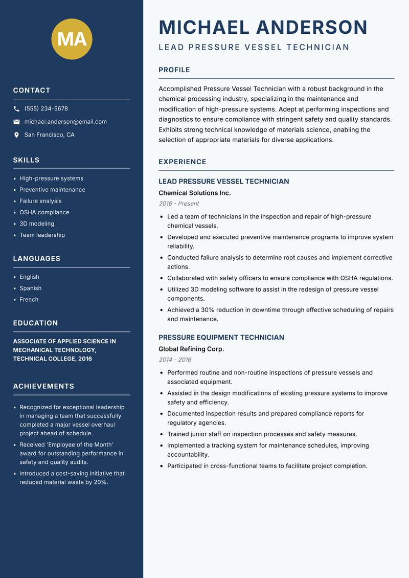 Pressure Vessel Technician resume sample — Lead Pressure Vessel Technician focus