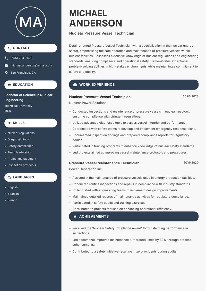 Pressure Vessel Technician resume sample — Nuclear Pressure Vessel Technician focus