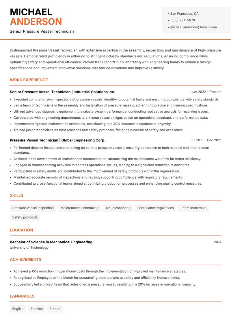 Pressure Vessel Technician resume sample — Senior Pressure Vessel Technician focus