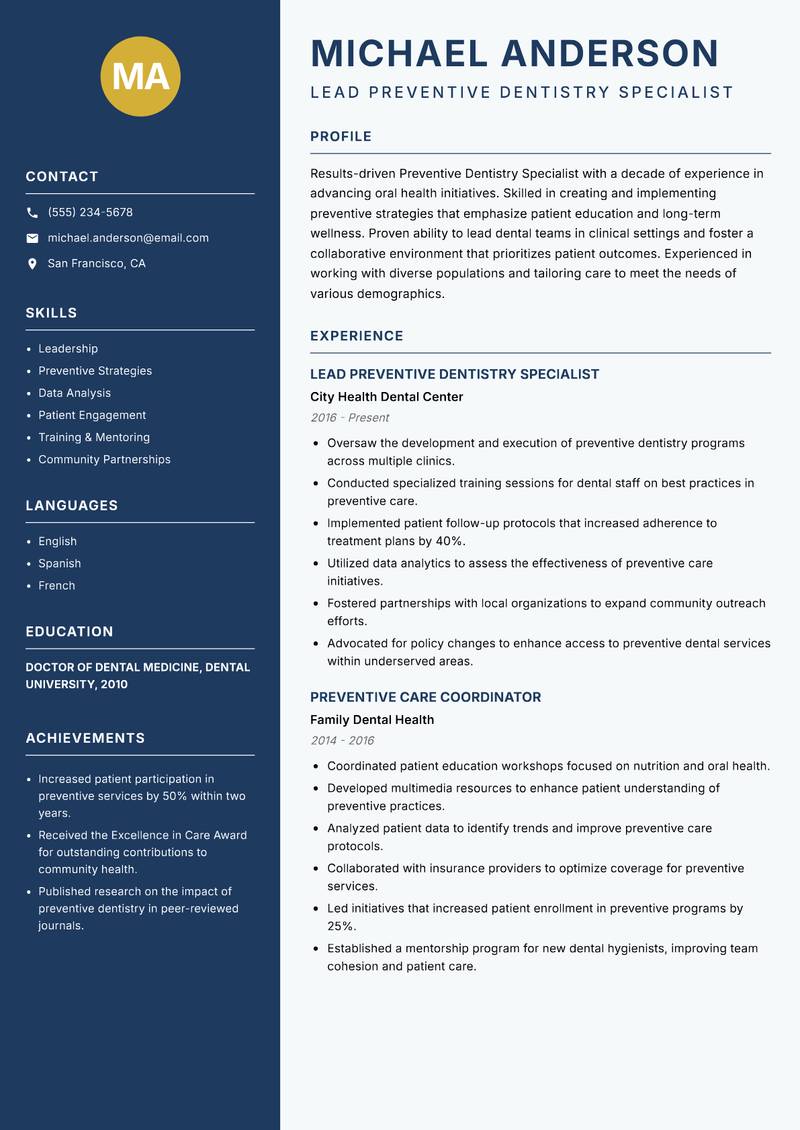 Preventive Dentistry Specialist resume sample — Lead Preventive Dentistry Specialist focus