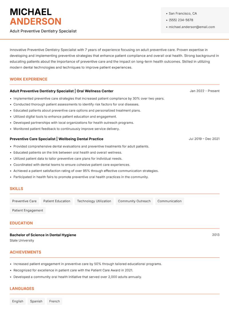 Preventive Dentistry Specialist resume sample — Adult Preventive Dentistry Specialist focus