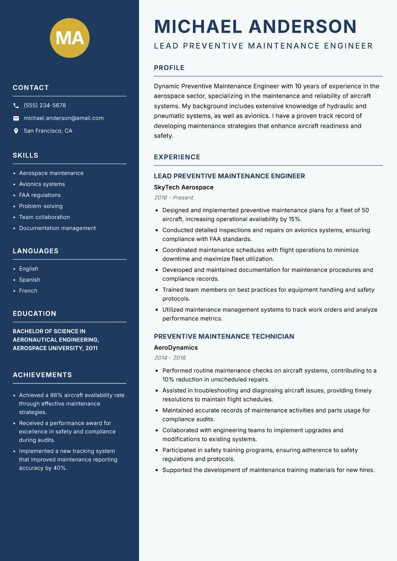 Preventive Maintenance Engineer resume sample — Lead Preventive Maintenance Engineer focus
