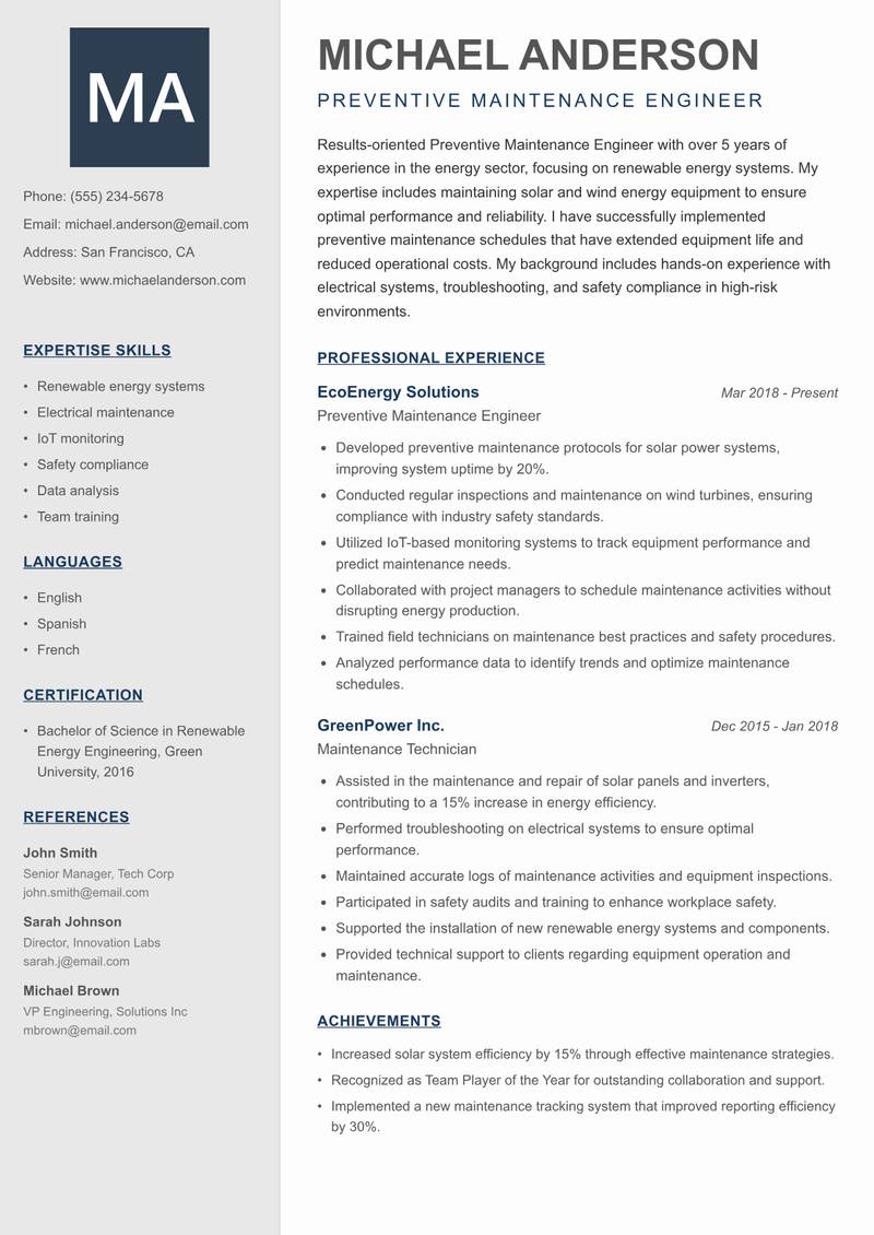 Preventive Maintenance Engineer resume sample — Preventive Maintenance Engineer focus