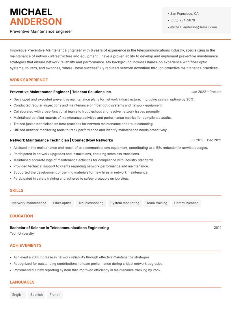 Preventive Maintenance Engineer resume sample — Preventive Maintenance Engineer focus