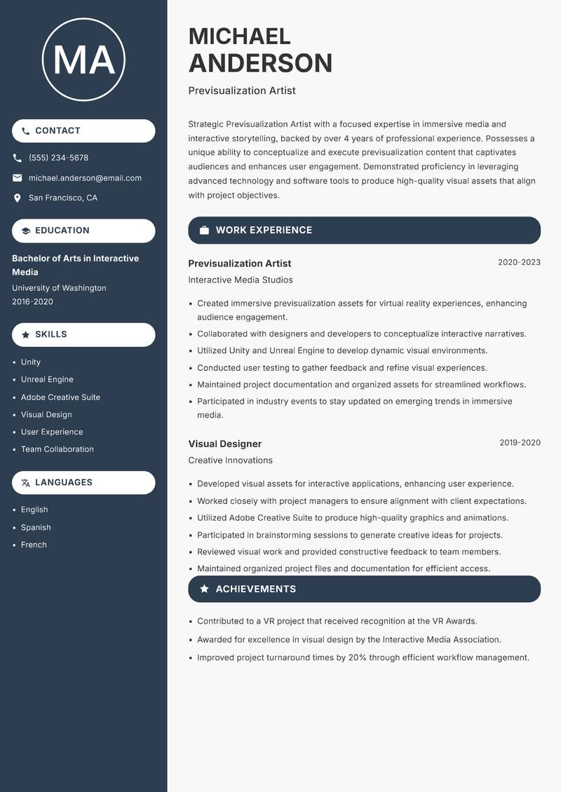 Previsualization Artist resume sample — Previsualization Artist focus