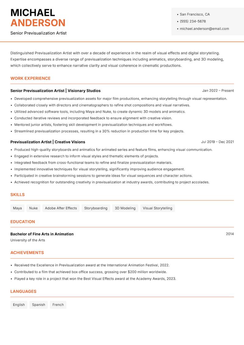 Previsualization Artist resume sample — Senior Previsualization Artist focus