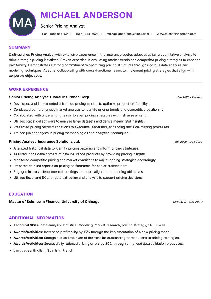 Pricing Analyst Insurance resume example