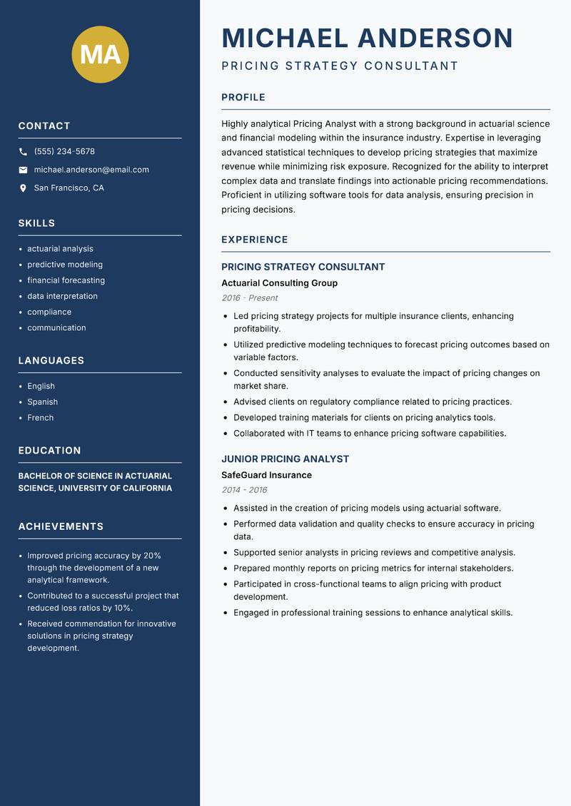 Pricing Analyst Insurance resume sample — Pricing Strategy Consultant focus