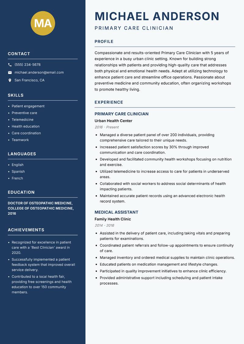 Primary Care Clinician resume sample — Primary Care Clinician focus