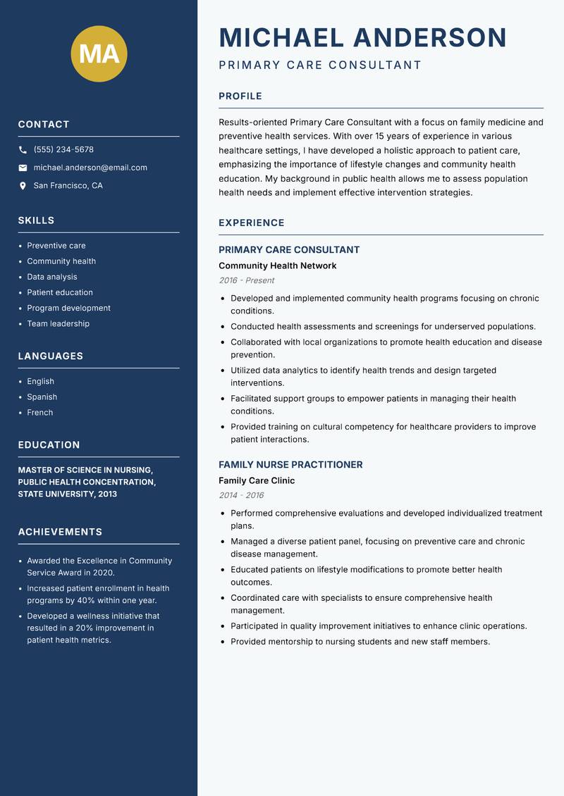Primary Care Consultant resume sample — Primary Care Consultant focus