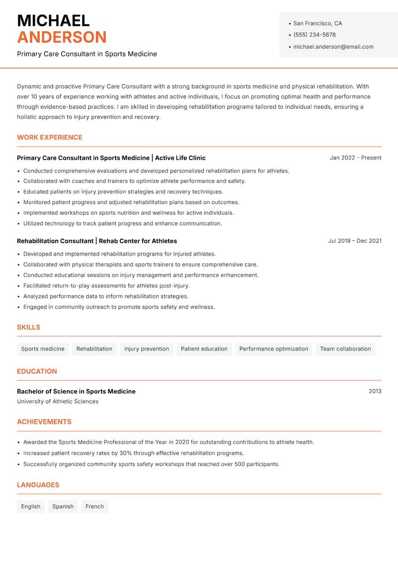 Primary Care Consultant resume sample — Primary Care Consultant in Sports Medicine focus