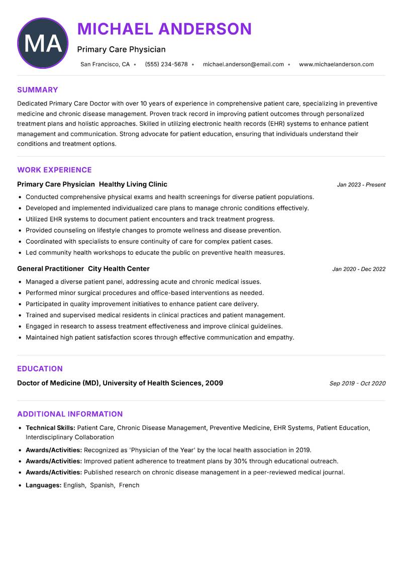Primary Care Doctor resume example