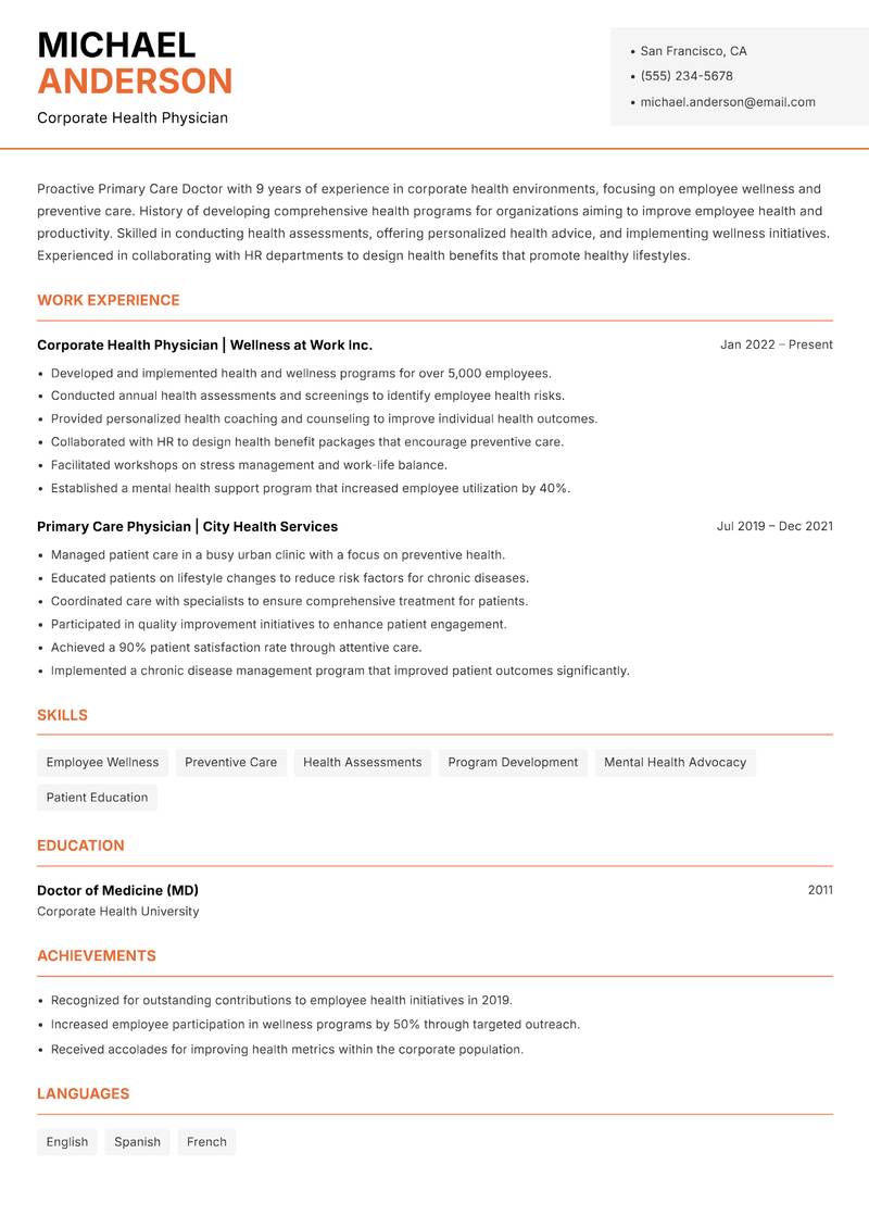 Primary Care Doctor resume sample — Corporate Health Physician focus