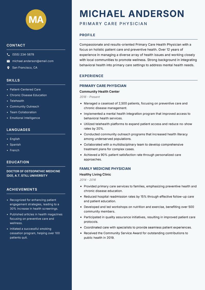 Primary Care Health Physician resume sample — Primary Care Physician focus