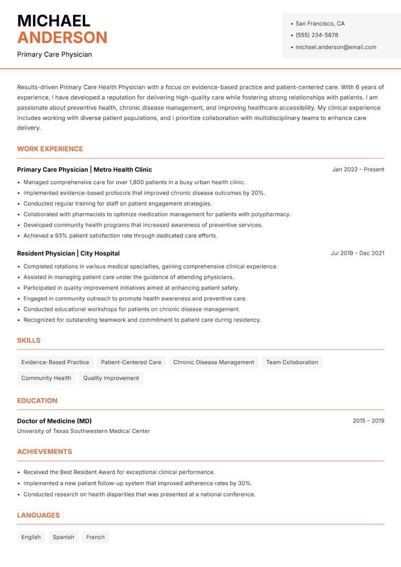 Primary Care Health Physician resume sample — Primary Care Physician focus