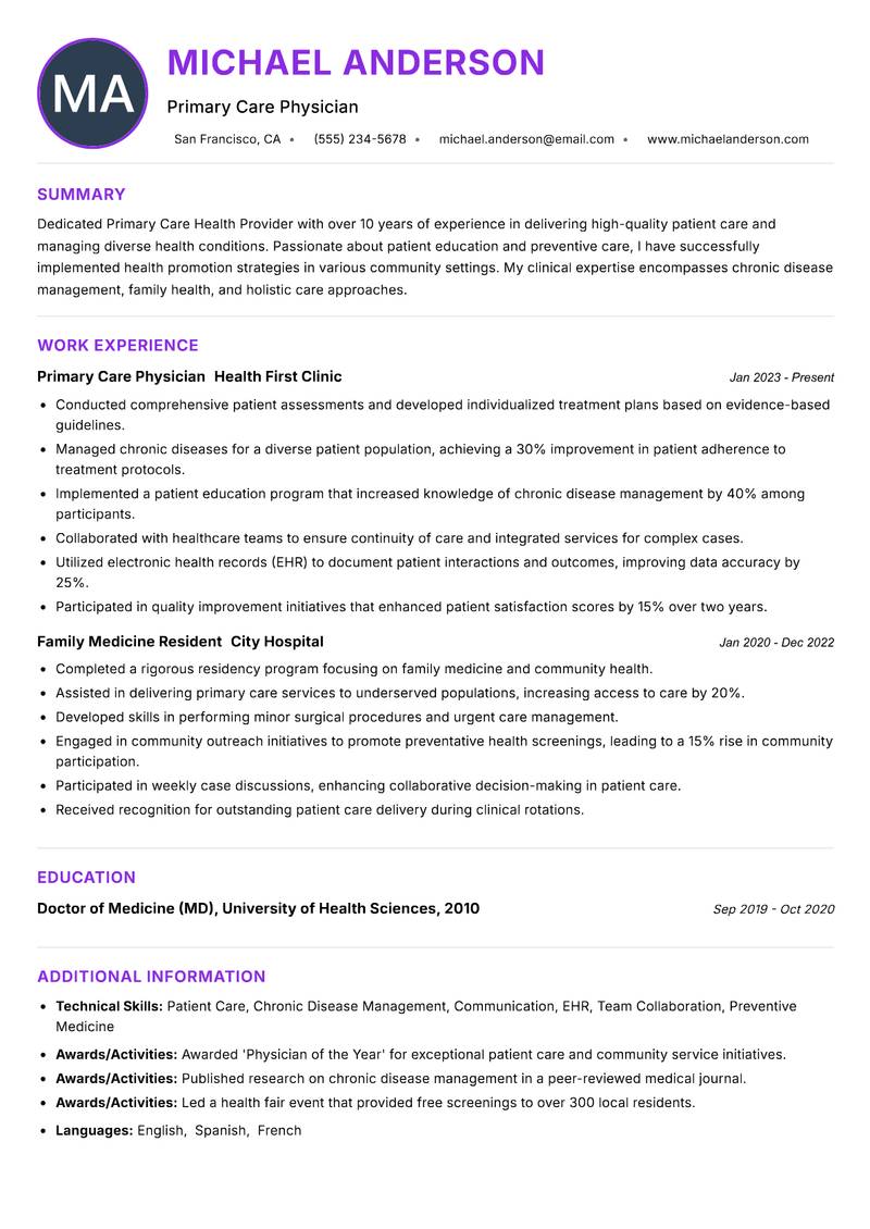 Primary Care Health Provider resume example