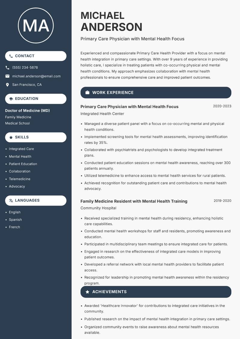 Primary Care Health Provider resume sample — Primary Care Physician with Mental Health Focus focus
