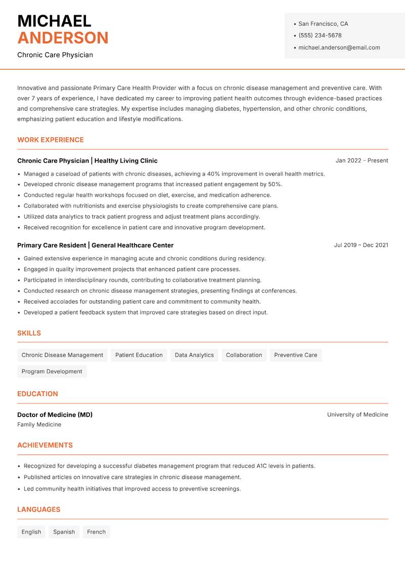 Primary Care Health Provider resume sample — Chronic Care Physician focus