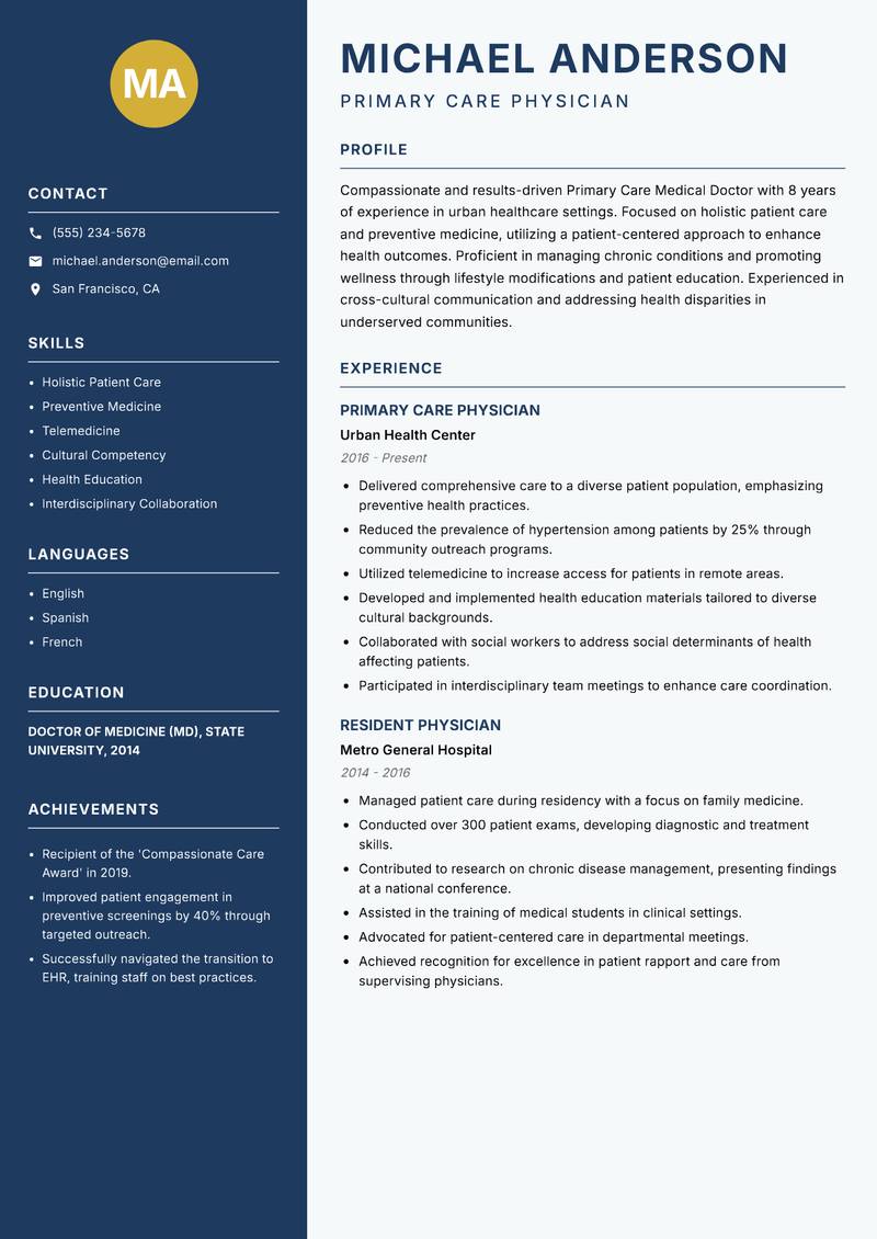 Primary Care Medical Doctor resume sample — Primary Care Physician focus