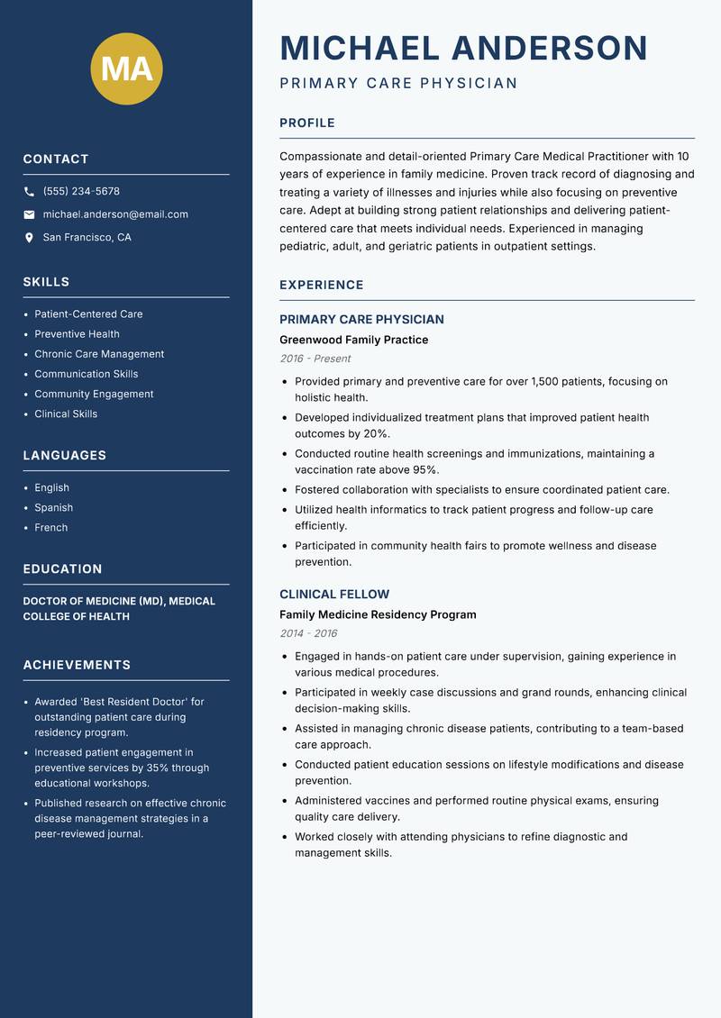 Primary Care Medical Practitioner resume sample — Primary Care Physician focus