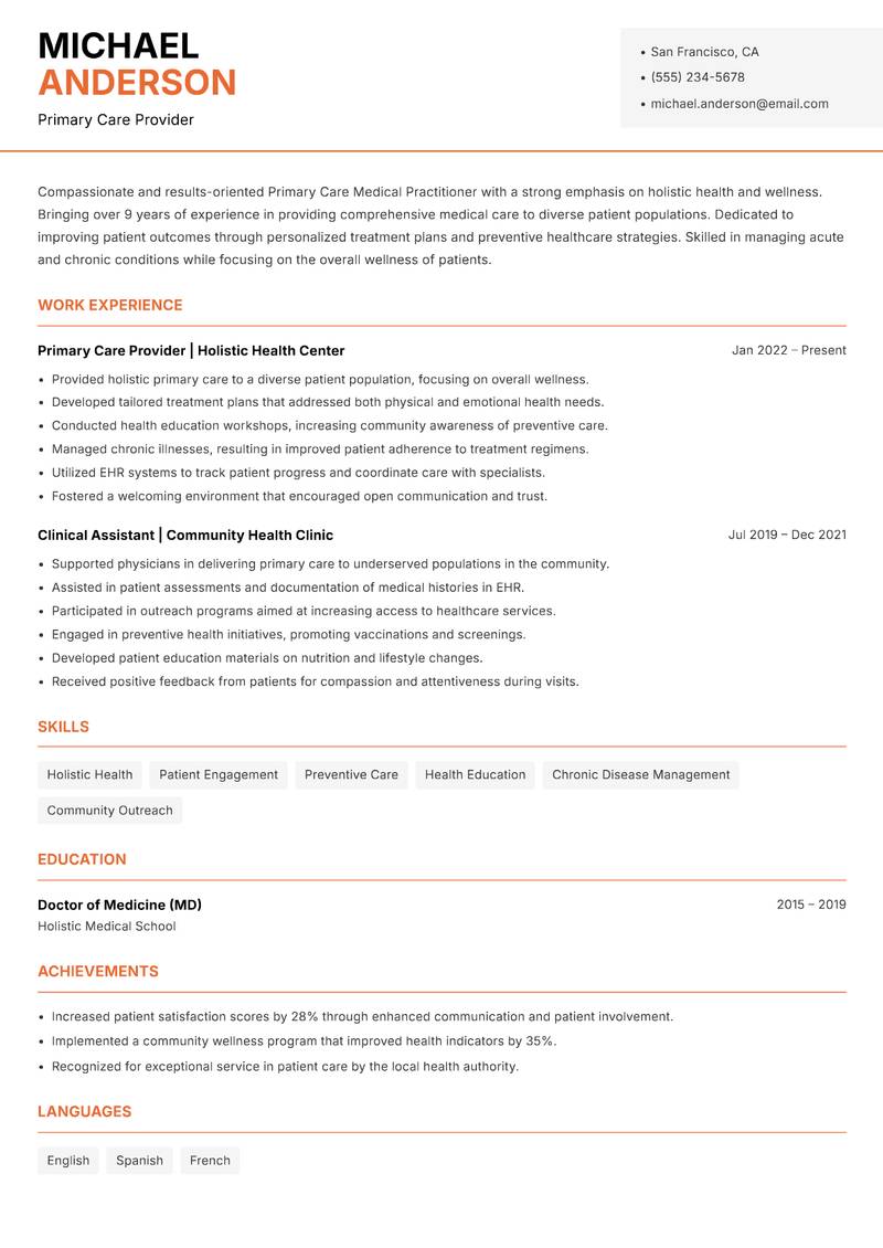 Primary Care Medical Practitioner resume sample — Primary Care Provider focus