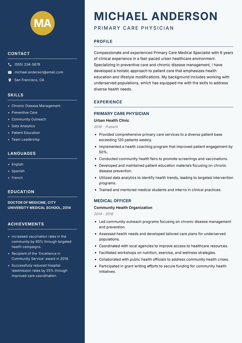Primary Care Medical Specialist resume sample — Primary Care Physician focus