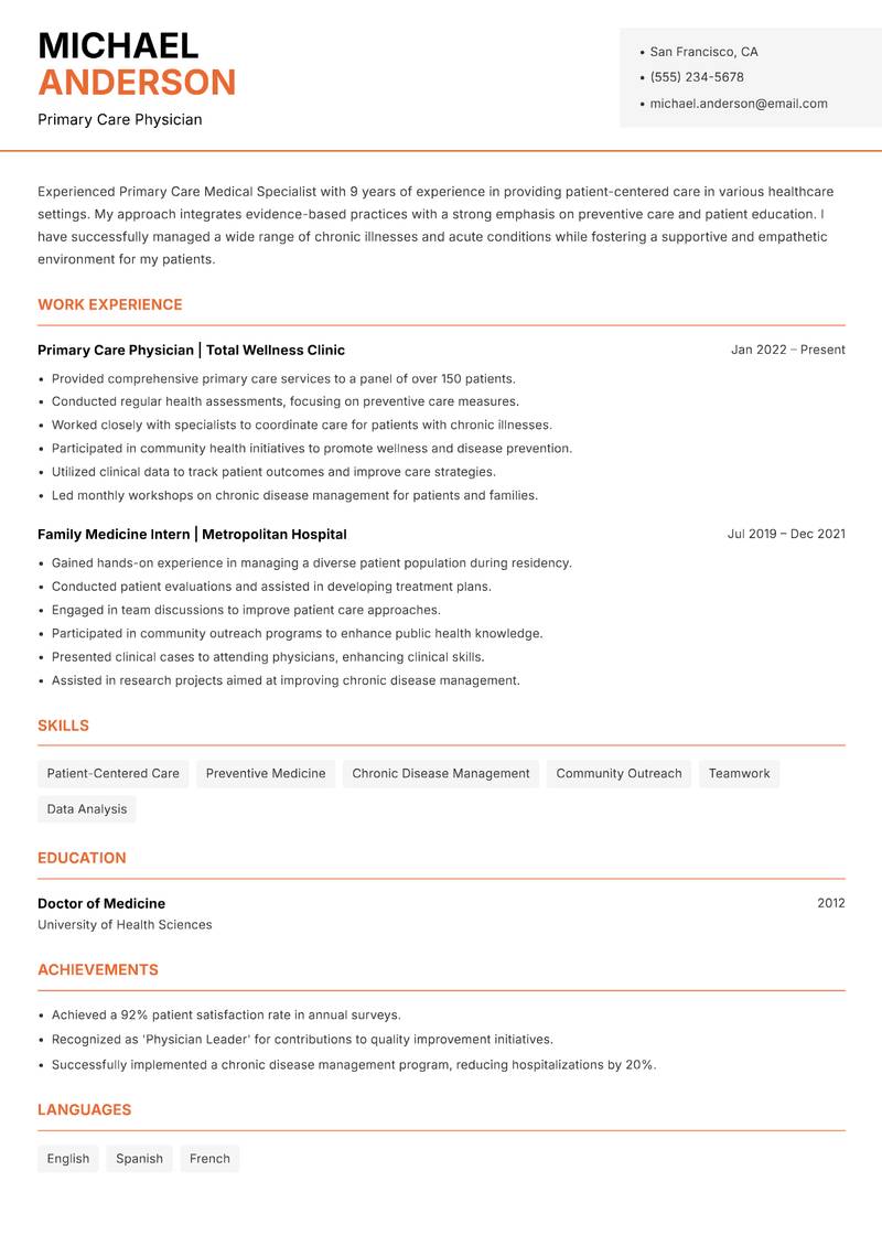 Primary Care Medical Specialist resume sample — Primary Care Physician focus