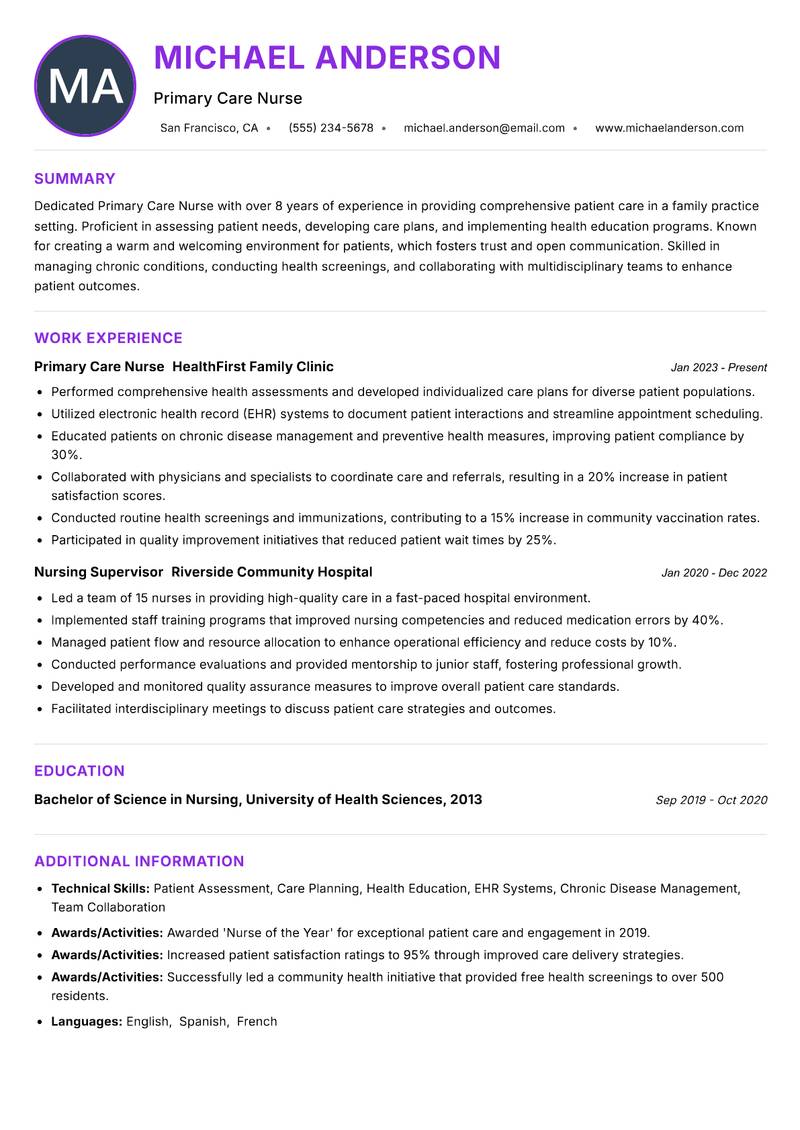 Primary Care Nurse resume example