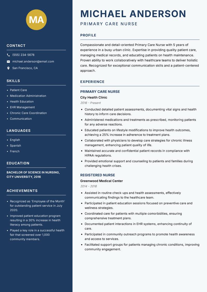 Primary Care Nurse resume sample — Primary Care Nurse focus