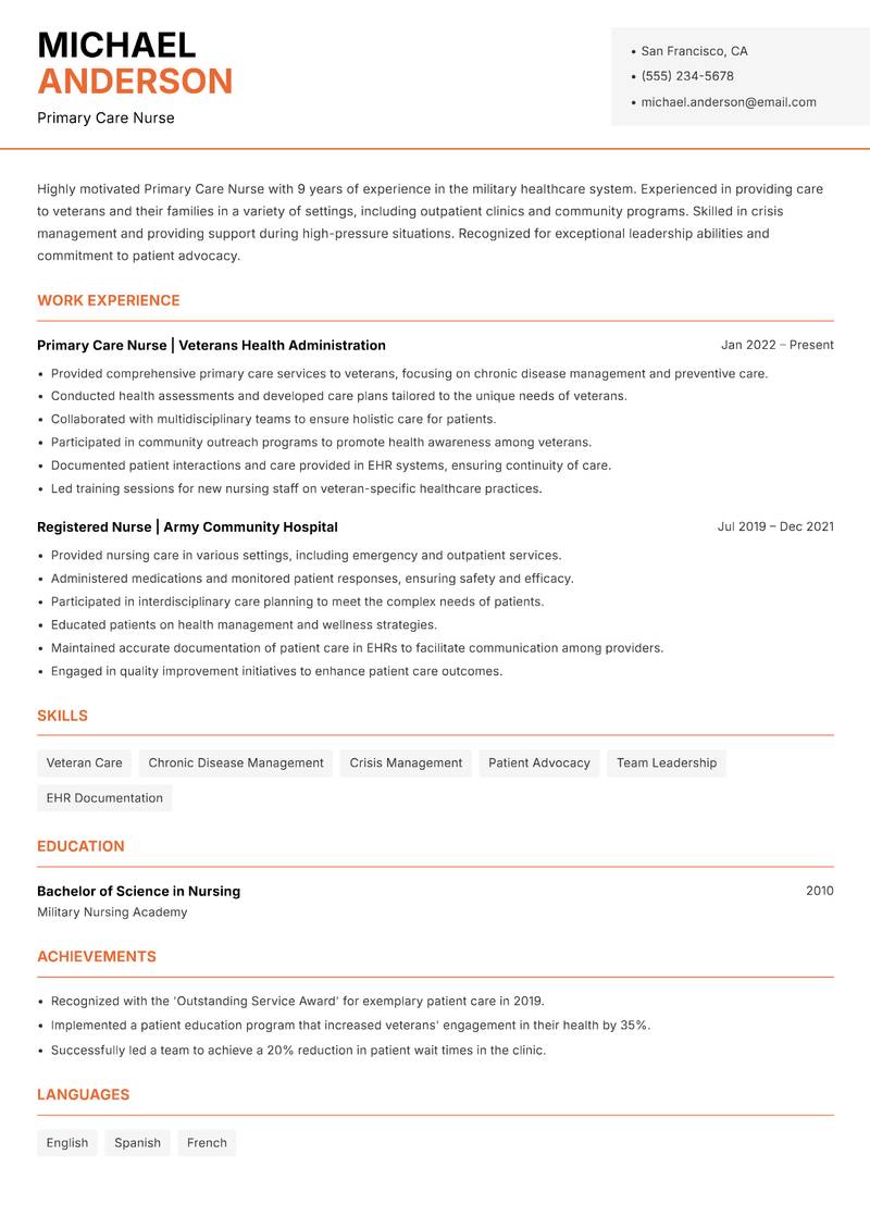 Primary Care Nurse resume sample — Primary Care Nurse focus