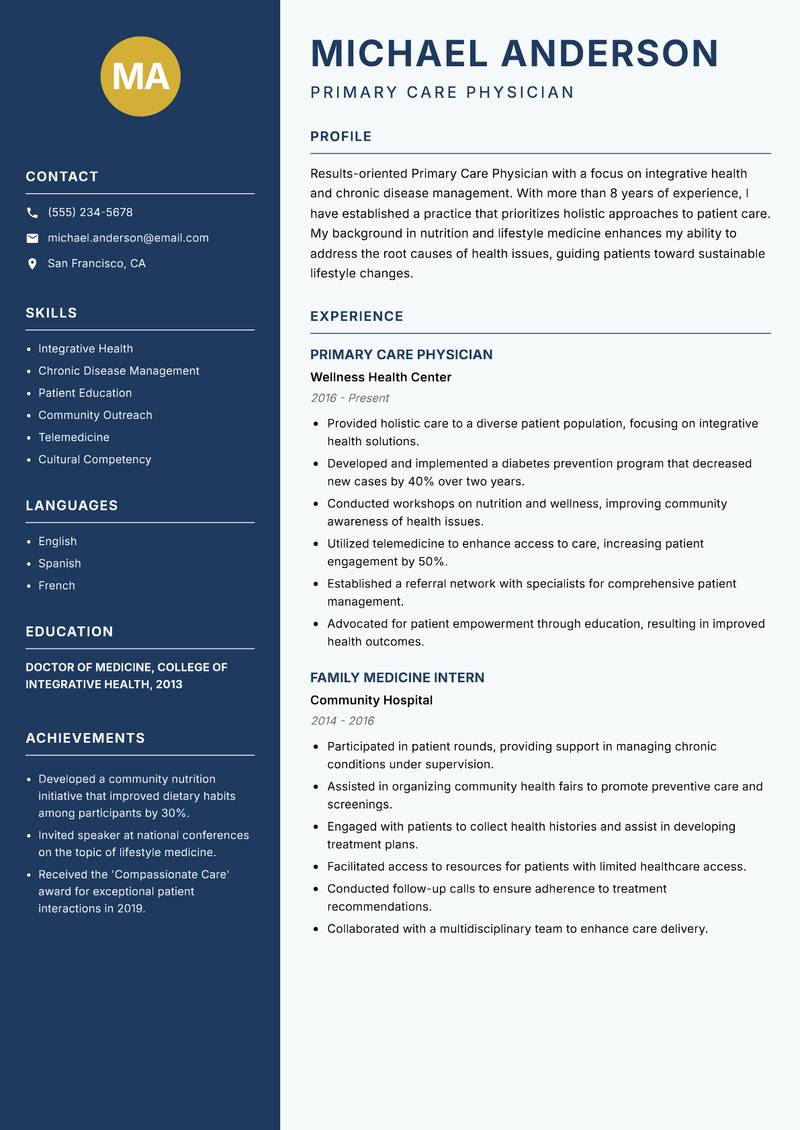 Primary Care Physician resume sample — Primary Care Physician focus