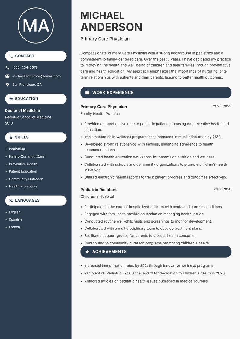 Primary Care Physician resume sample — Primary Care Physician focus