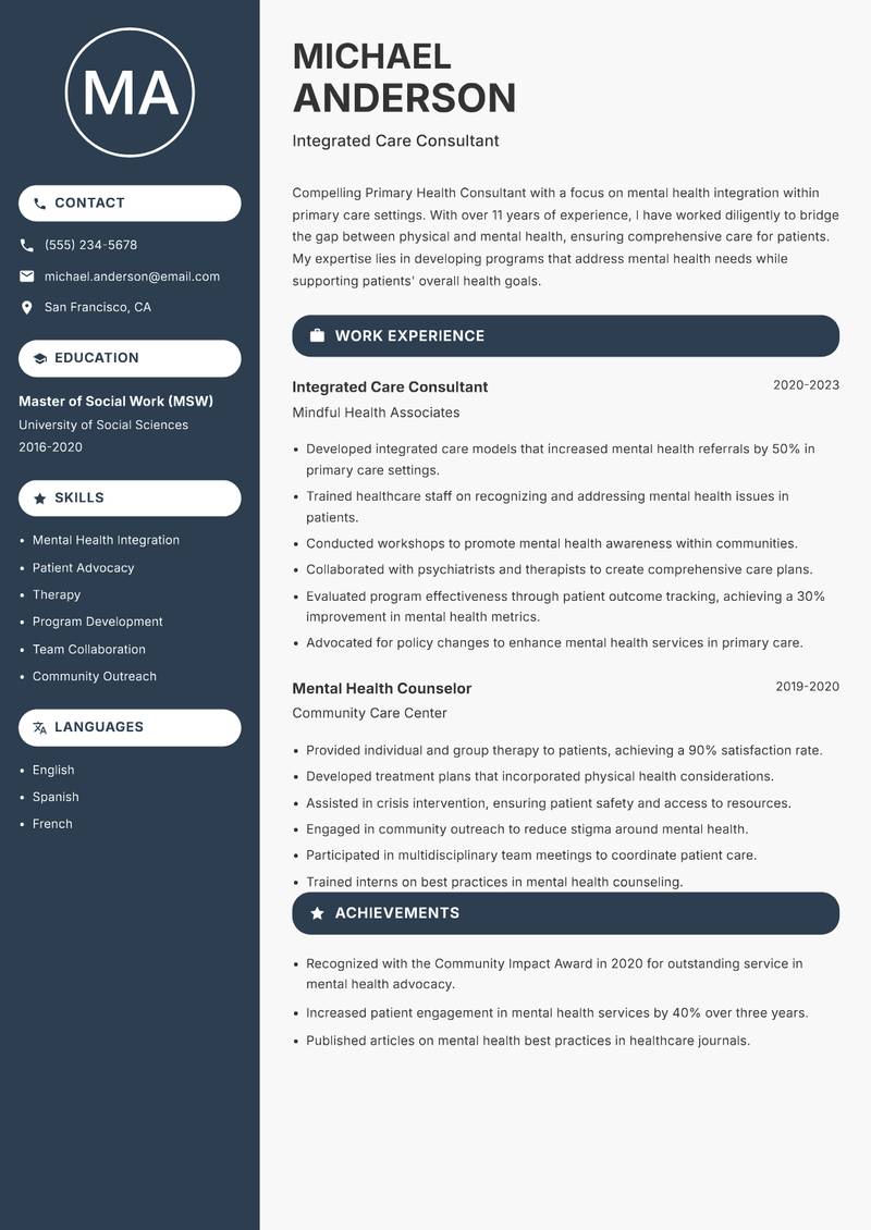 Primary Health Consultant resume sample — Integrated Care Consultant focus