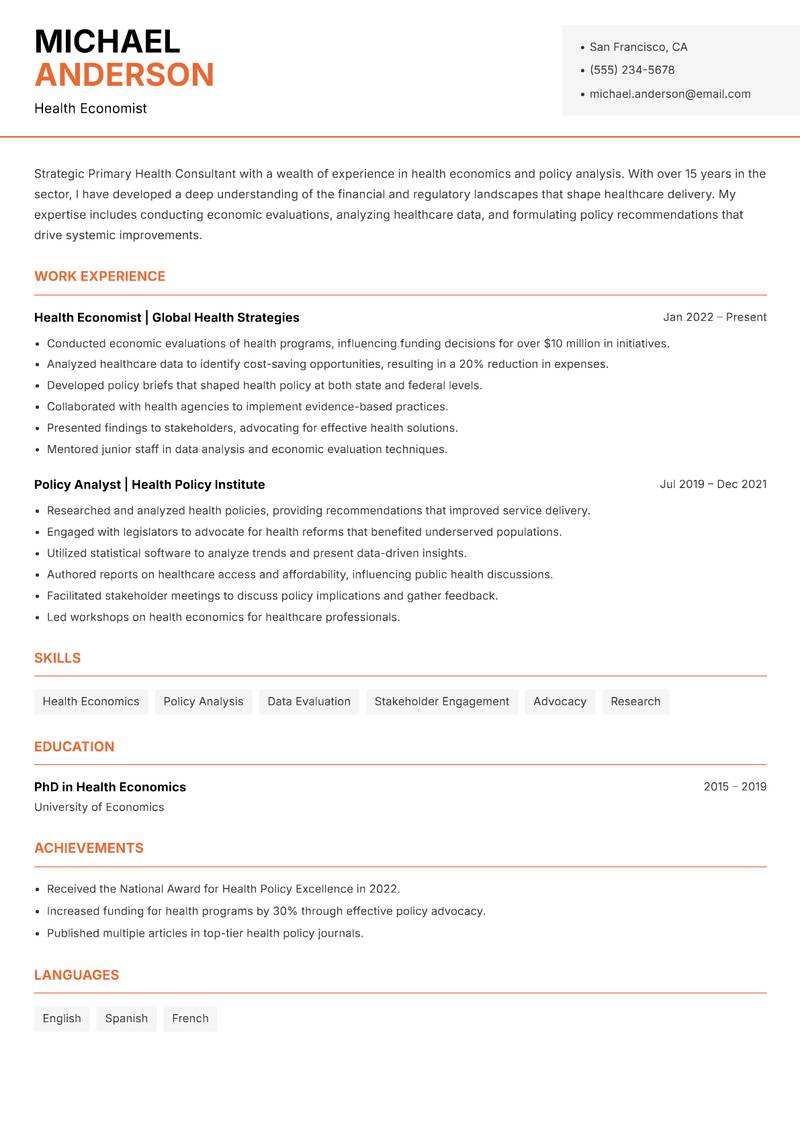 Primary Health Consultant resume sample — Health Economist focus