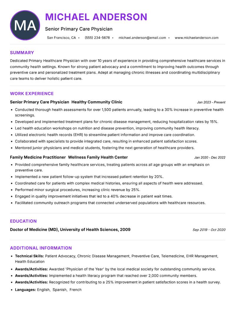 Primary Healthcare Physician resume example