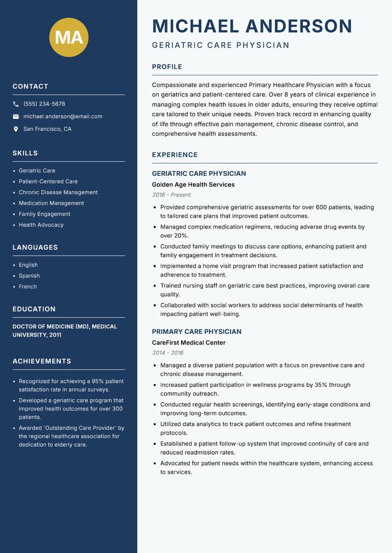 Primary Healthcare Physician resume sample — Geriatric Care Physician focus