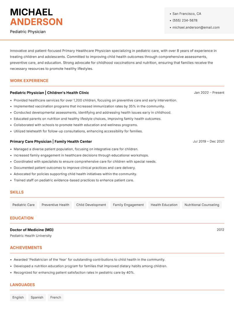 Primary Healthcare Physician resume sample — Pediatric Physician focus