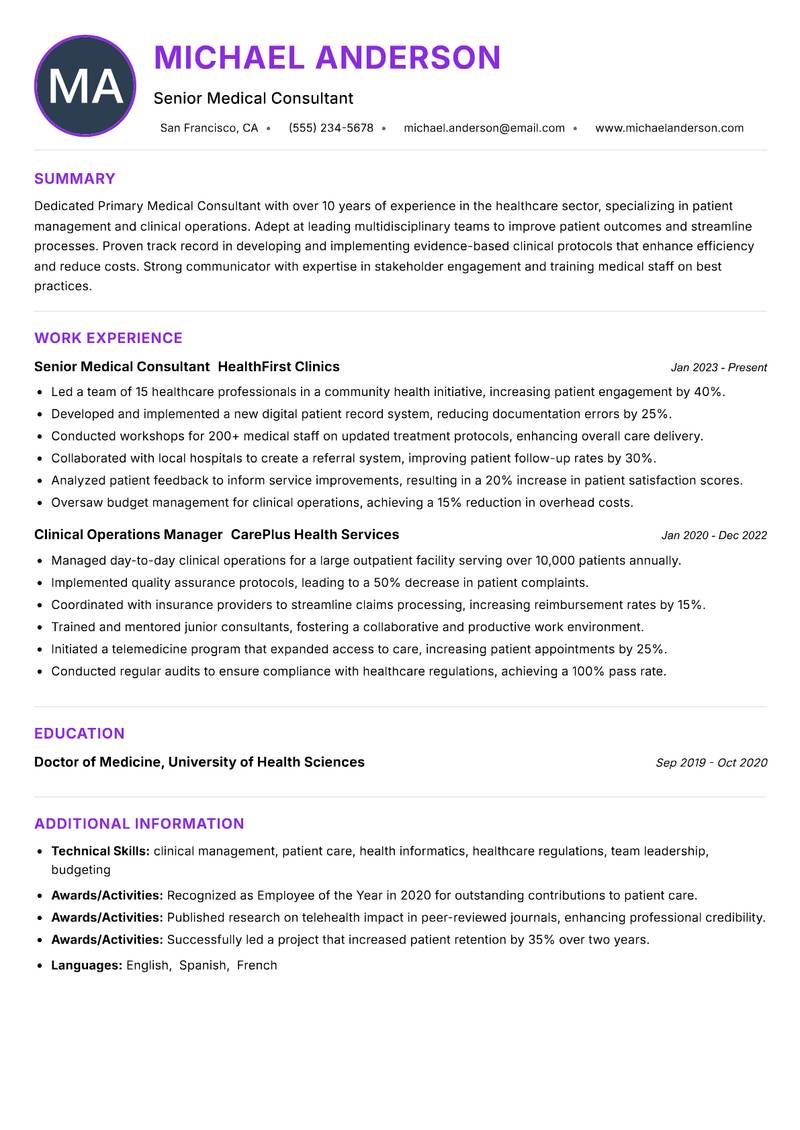 Primary Medical Consultant resume example