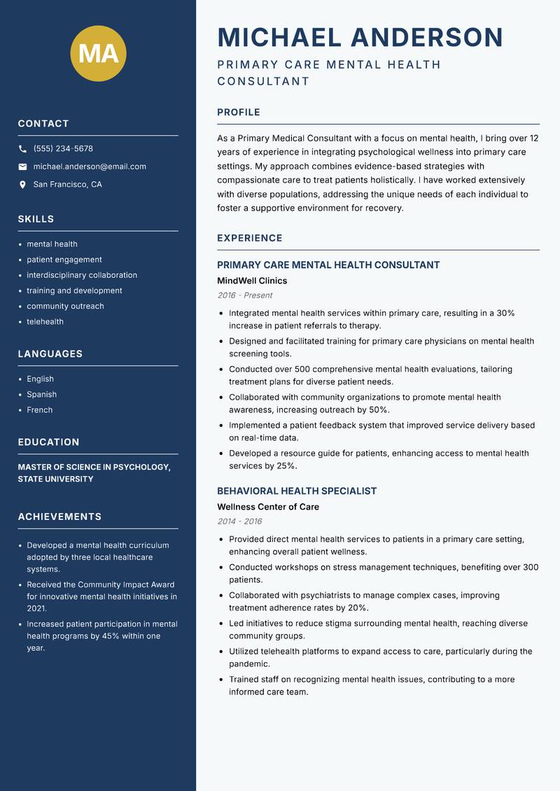 Primary Medical Consultant resume sample — Primary Care Mental Health Consultant focus