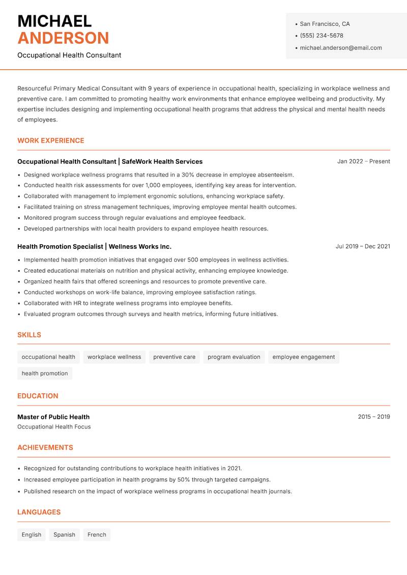Primary Medical Consultant resume sample — Occupational Health Consultant focus