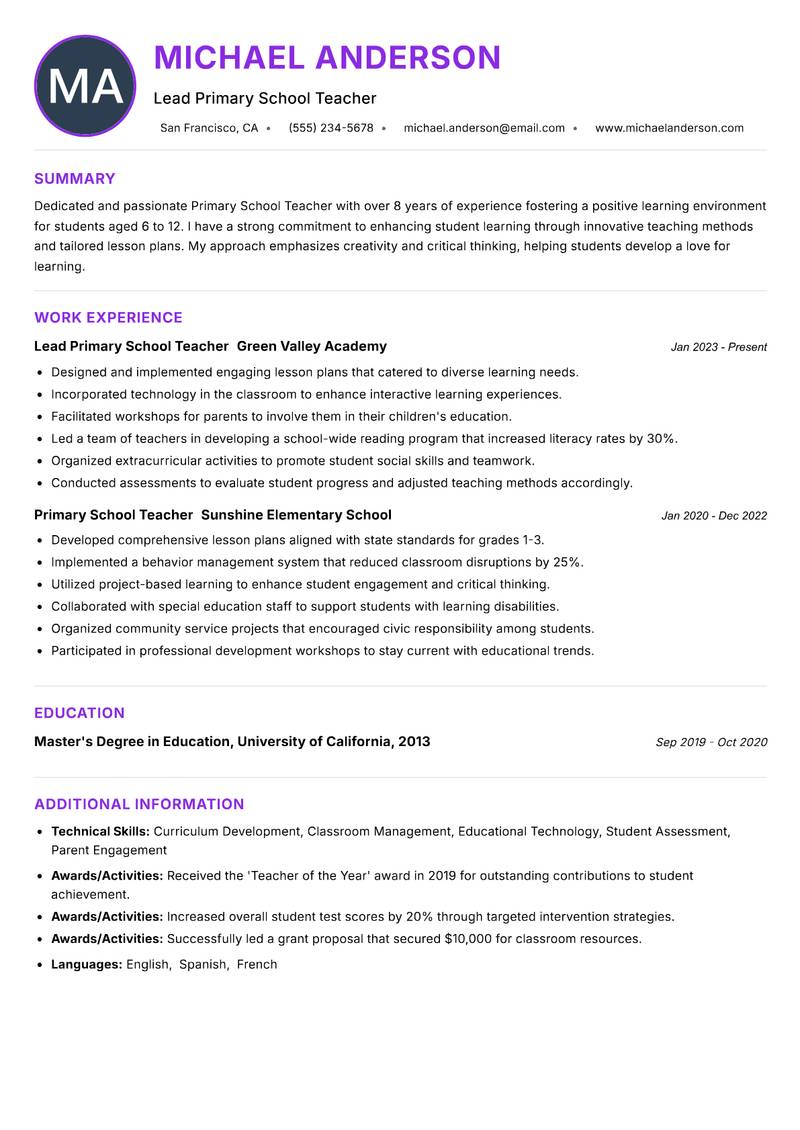 Primary School Teacher resume example