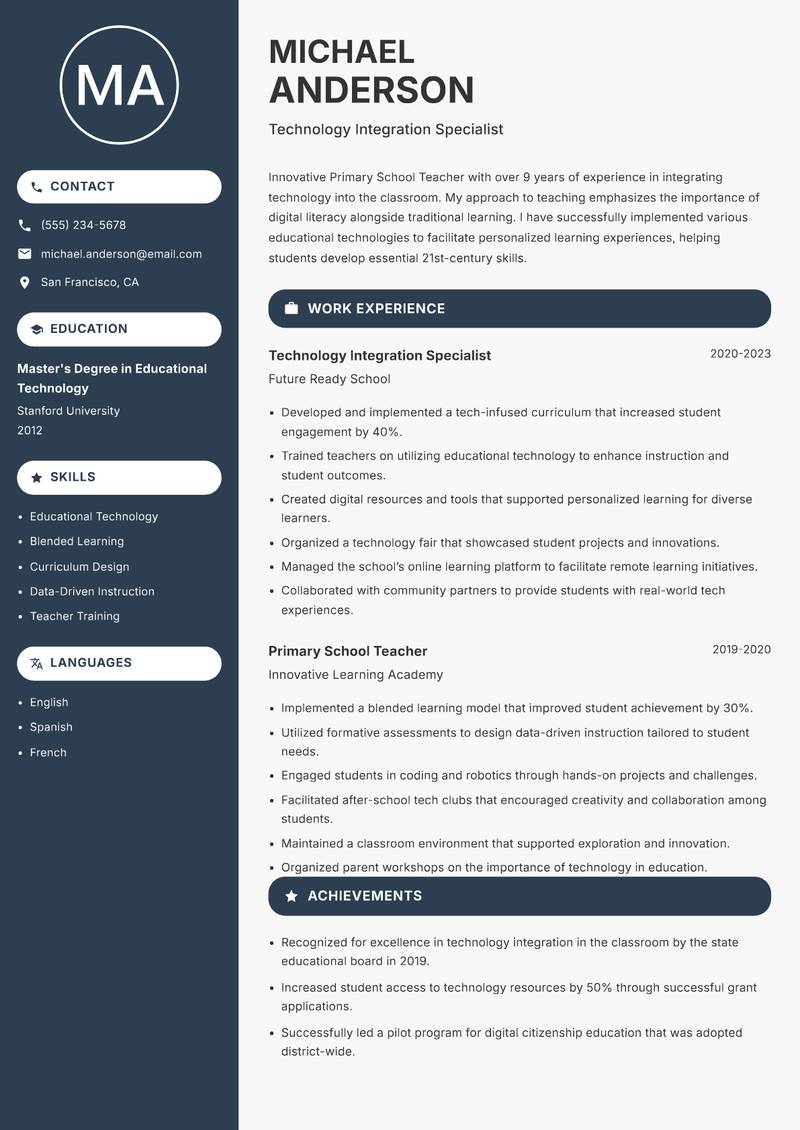 Primary School Teacher resume sample — Technology Integration Specialist focus