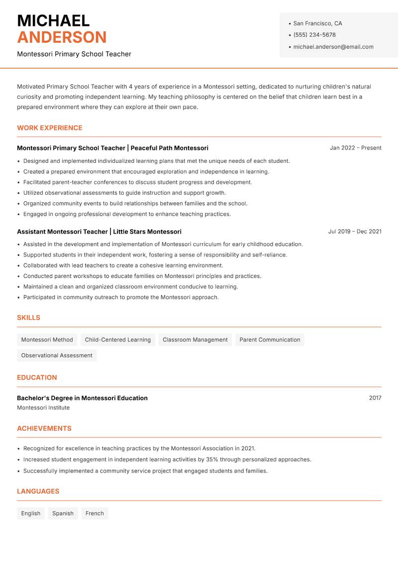 Primary School Teacher resume sample — Montessori Primary School Teacher focus