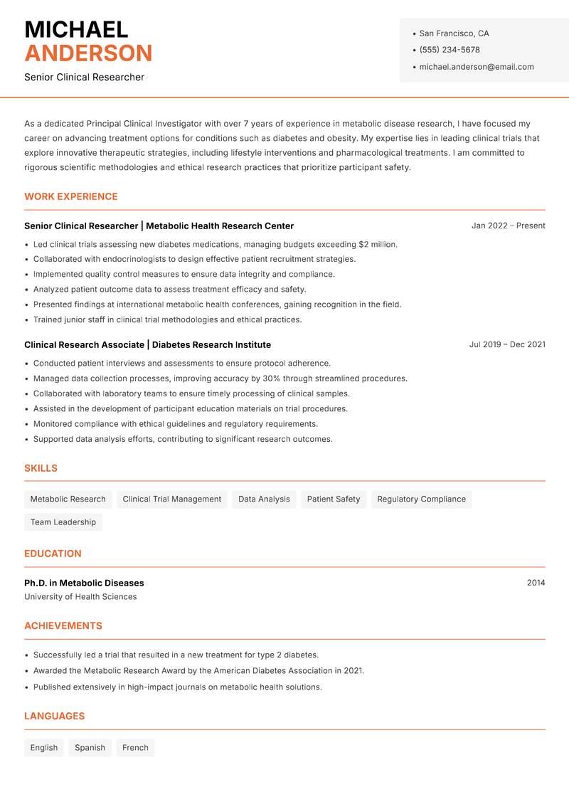 Principal Clinical Investigator resume sample — Senior Clinical Researcher focus