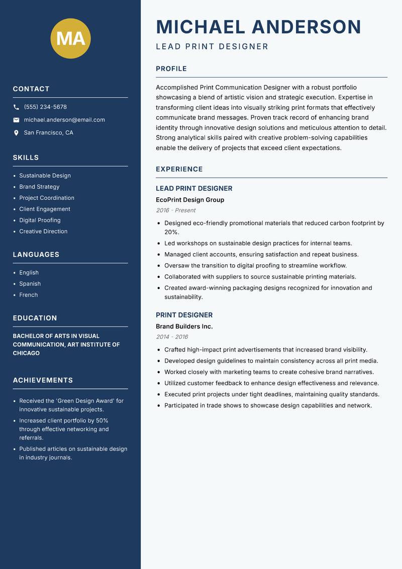 Print Communication Designer resume sample — Lead Print Designer focus