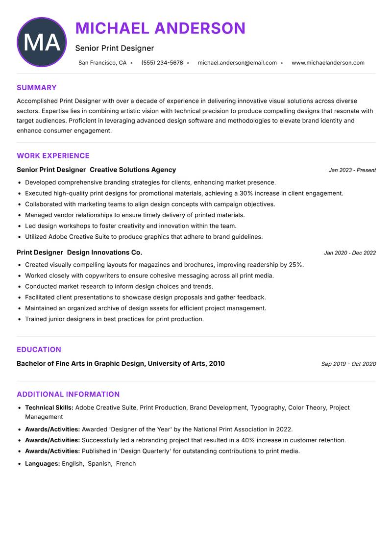 Print Designer resume example