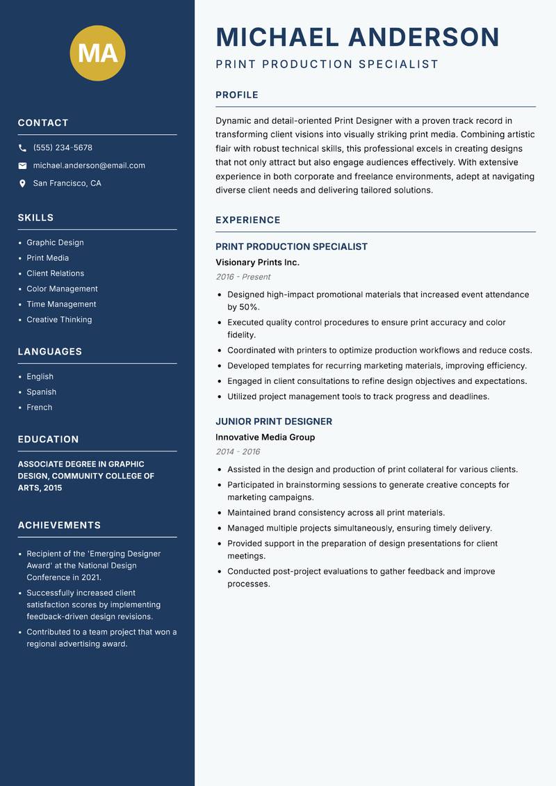 Print Designer resume sample — Print Production Specialist focus