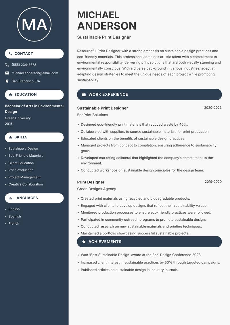 Print Designer resume sample — Sustainable Print Designer focus