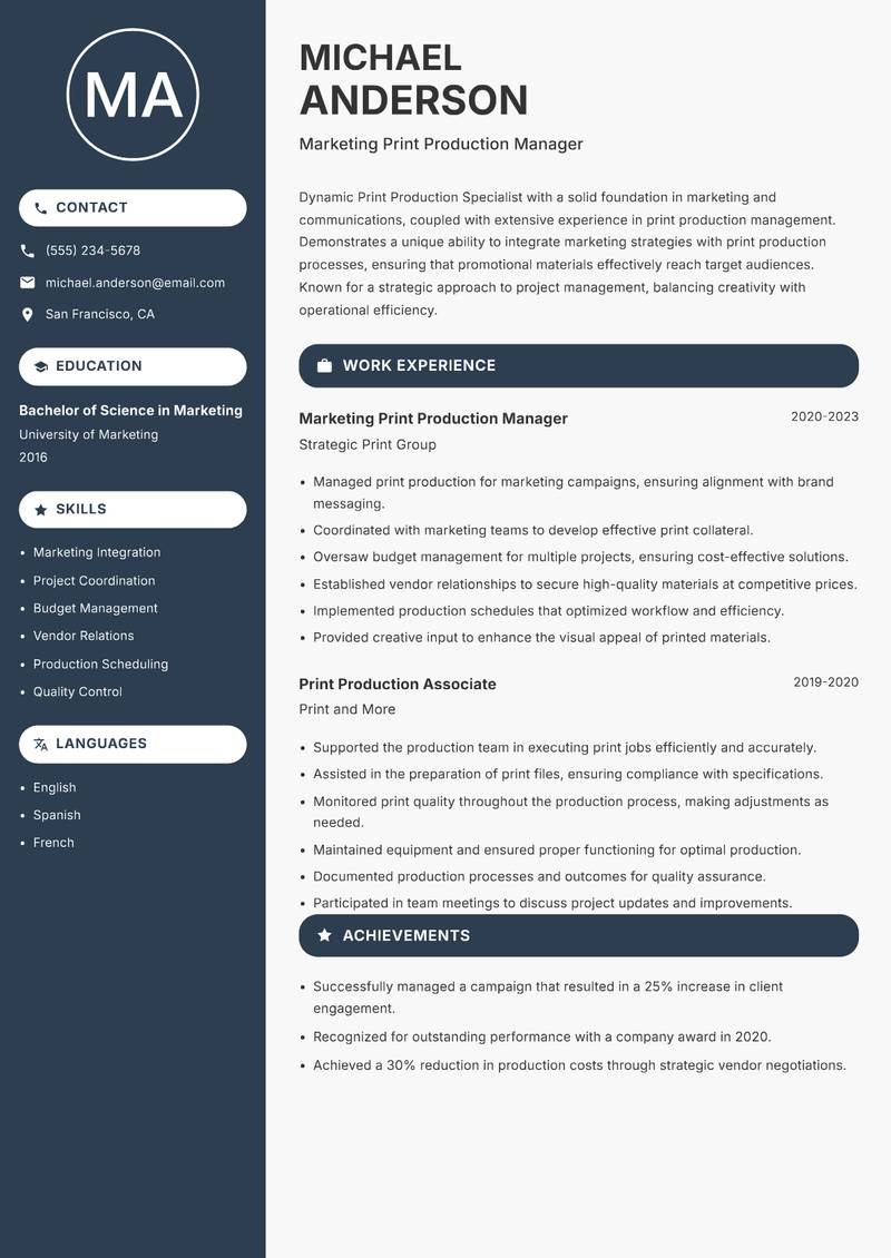 Print Production Specialist resume sample — Marketing Print Production Manager focus